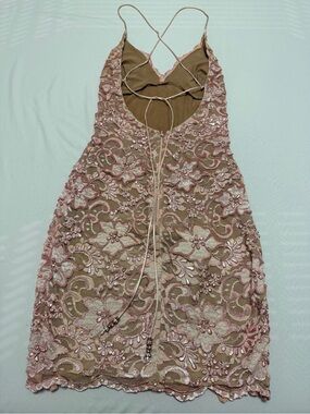 Blush Pink Beaded Lace Slip Dress with Crisscross Straps